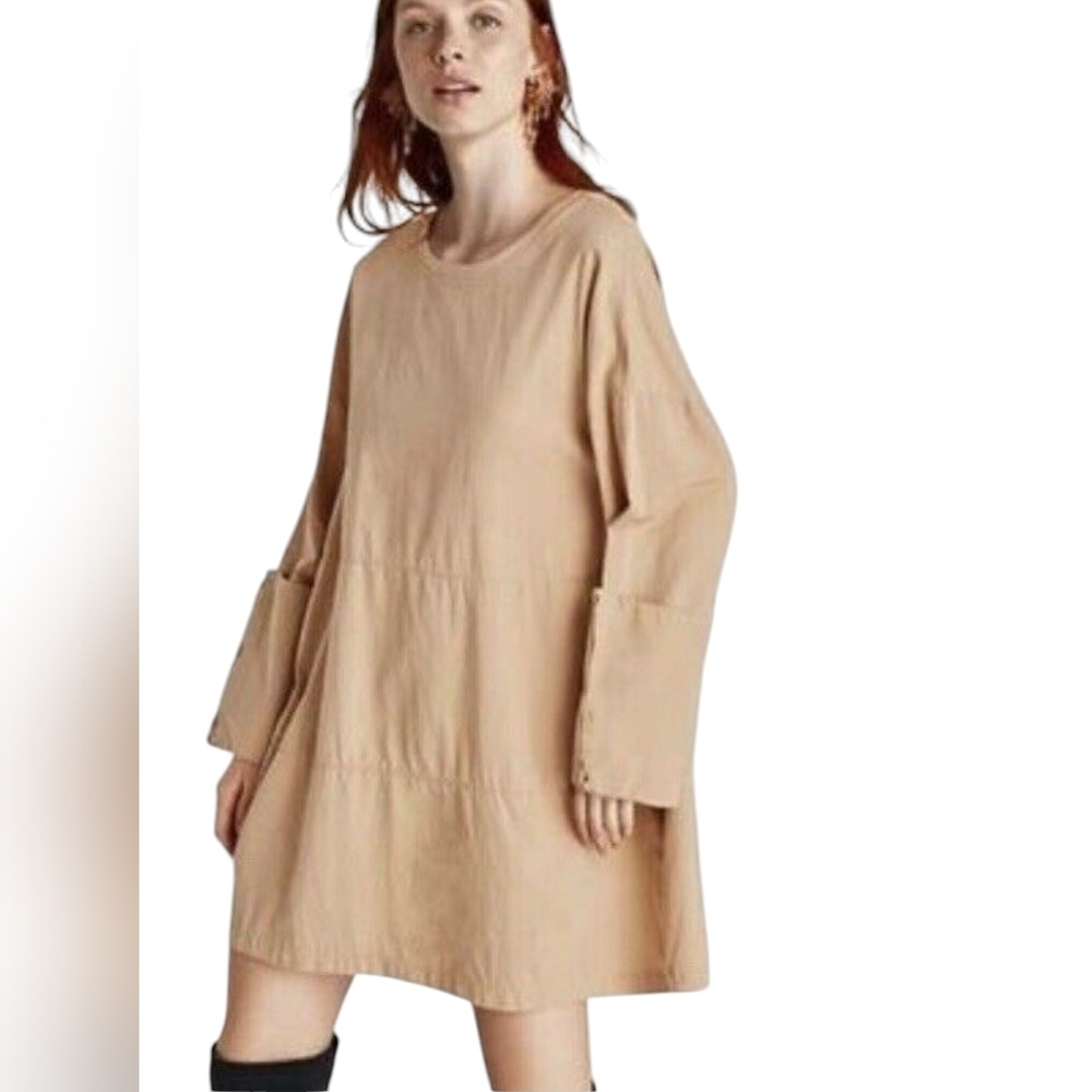 Zara Women's Tan/Beige Pleat Button Cuffs Crewneck Lose Fit Dress Sz Medium NWT